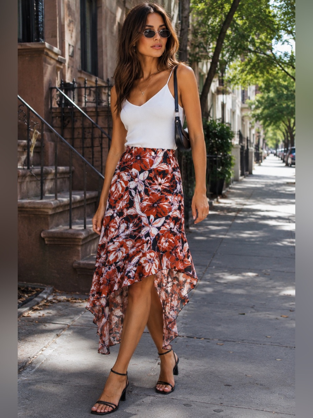 NWT Nine West Floral Asymmetrical Midi Skirt Women’s Large Rayon Ruffle Hem